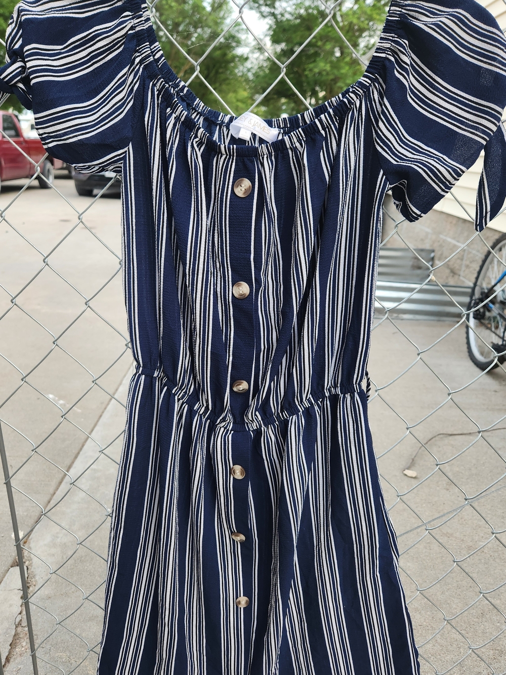 Navy Striped Off-Shoulder Button-Front Womens Dress